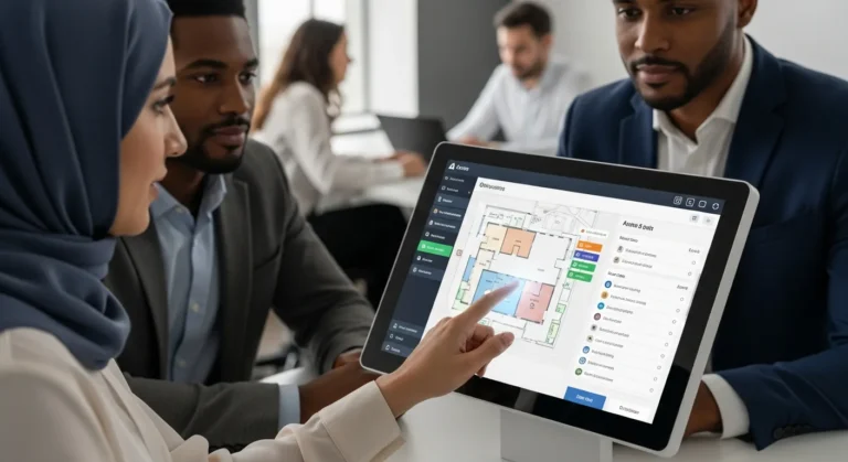 Colleagues reviewing a building floor plan on access control software displayed on a large tablet.