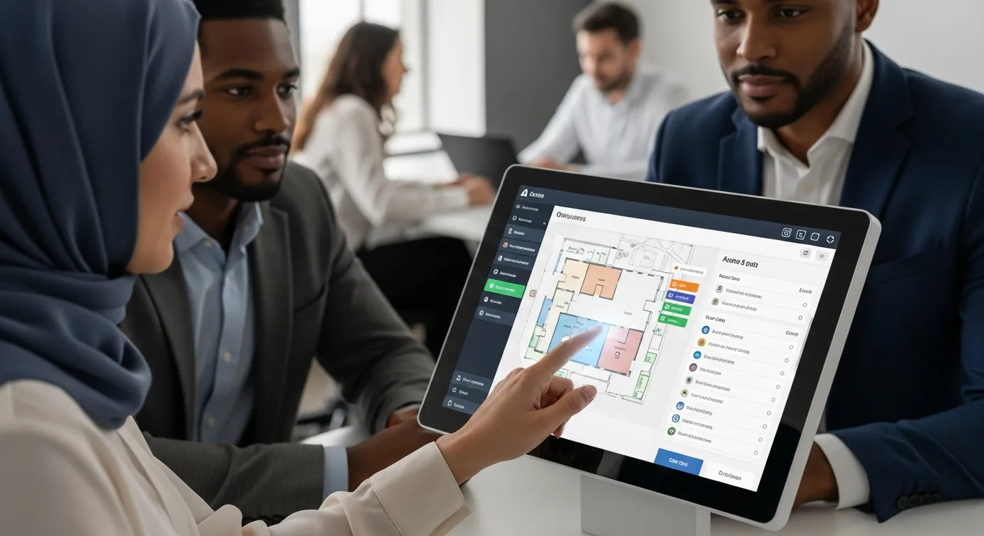 Colleagues reviewing a building floor plan on access control software displayed on a large tablet.