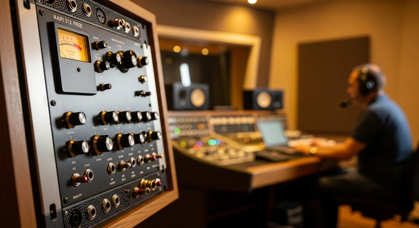 A close-up shot of the iconic API 312 microphone preamp module installed in a professional studio rack.