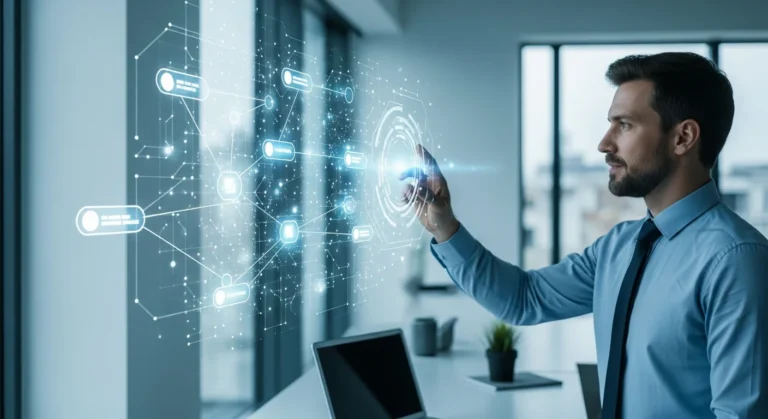 Business executive reviewing data metrics powered by a high-performance api development service.