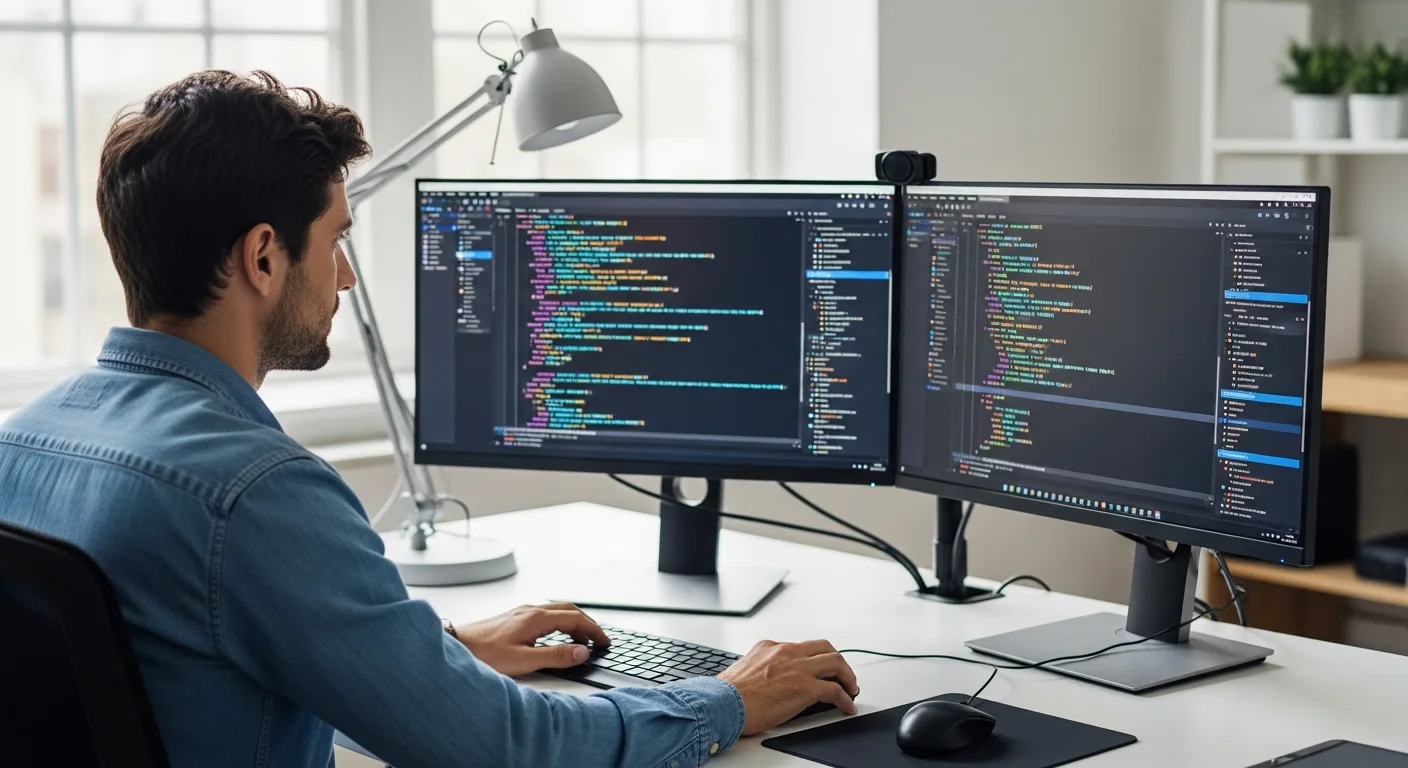 A developer working on a computer screen displaying a clean and efficient api quickstart guide for software integration.