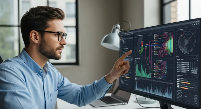 A professional developer monitoring an api rate limit dashboard on a high-tech computer monitor.