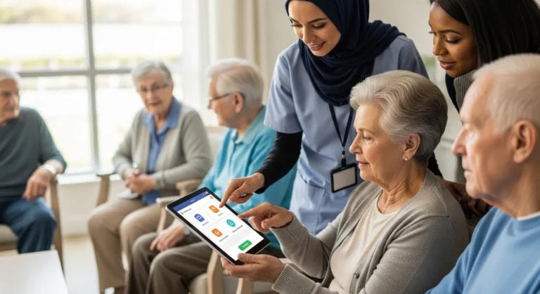 Caregiver showing a senior resident assisted living software on a tablet in a community setting.