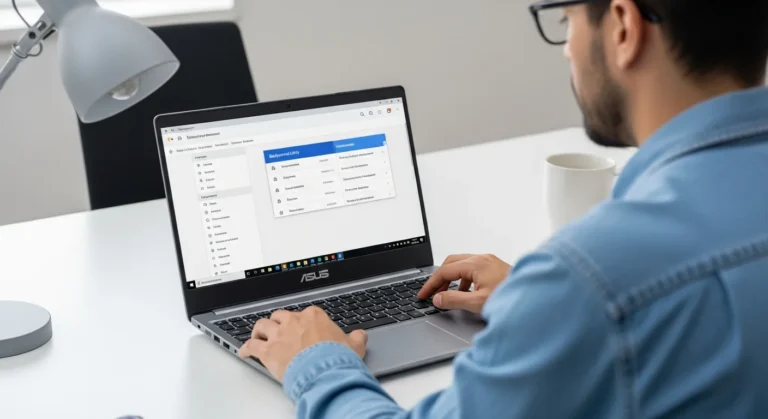 A close-up of an ASUS laptop screen displaying system management settings and the asus framework service process.