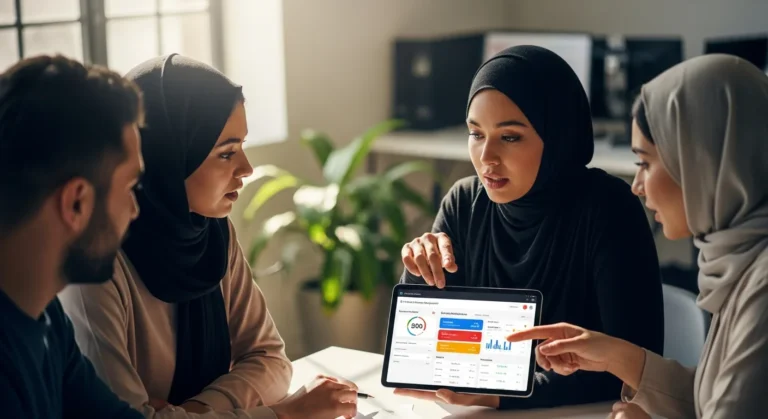 Colleagues in a meeting looking at an attendance management software dashboard on a tablet.