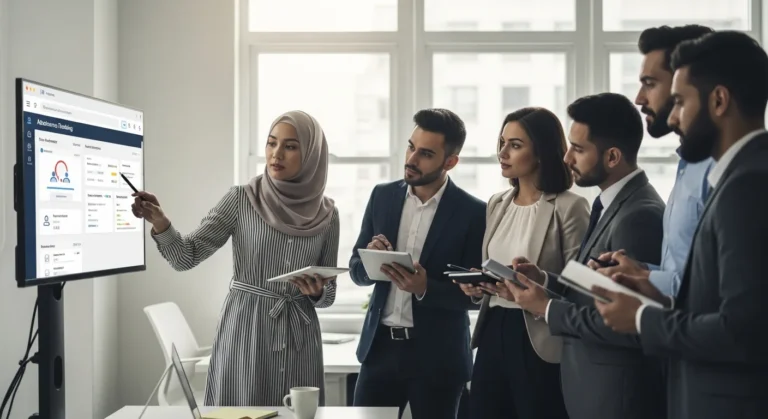 Diverse professionals review an attendance tracking software dashboard in a bright, modern office setting.