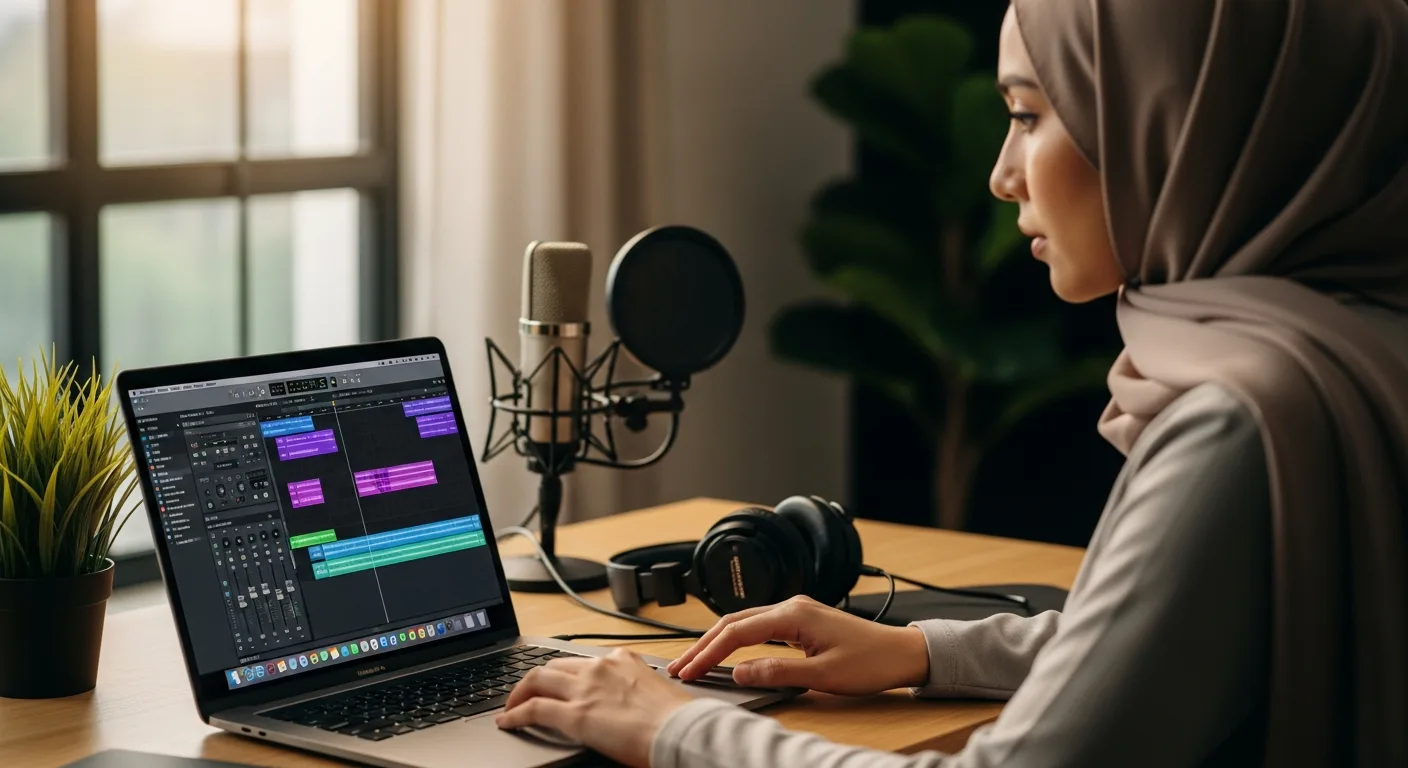 A woman using audio editing software for mac on a laptop with a professional microphone and headphones.