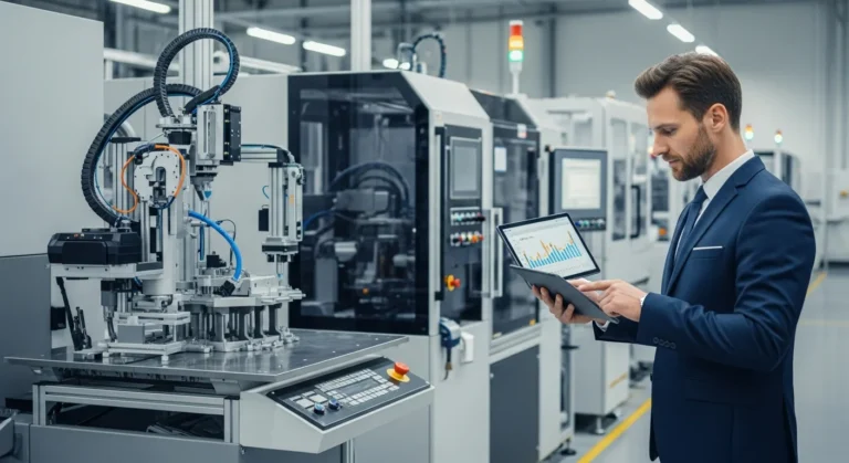 A professional analyzing the best crm for manufacturing business on a tablet within a modern industrial facility.