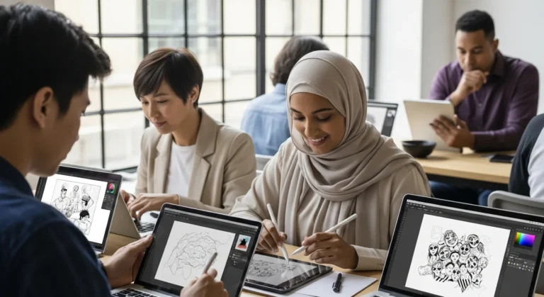 Diverse artists create digital illustrations with the best free drawing software on laptops in a modern office.