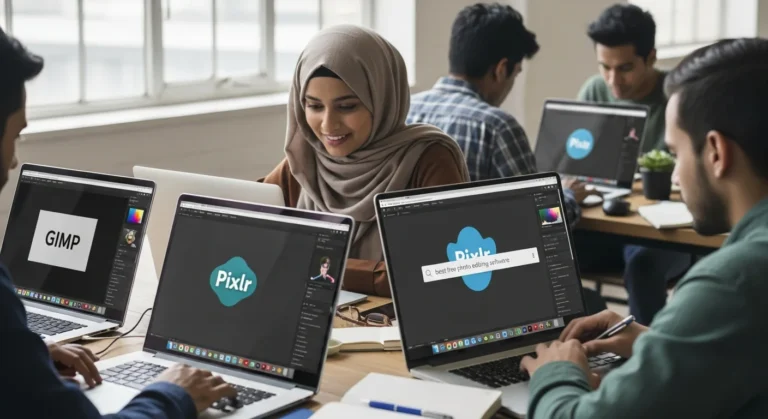 Young professionals using laptops to explore the best free photo editing software like GIMP and Pixlr.