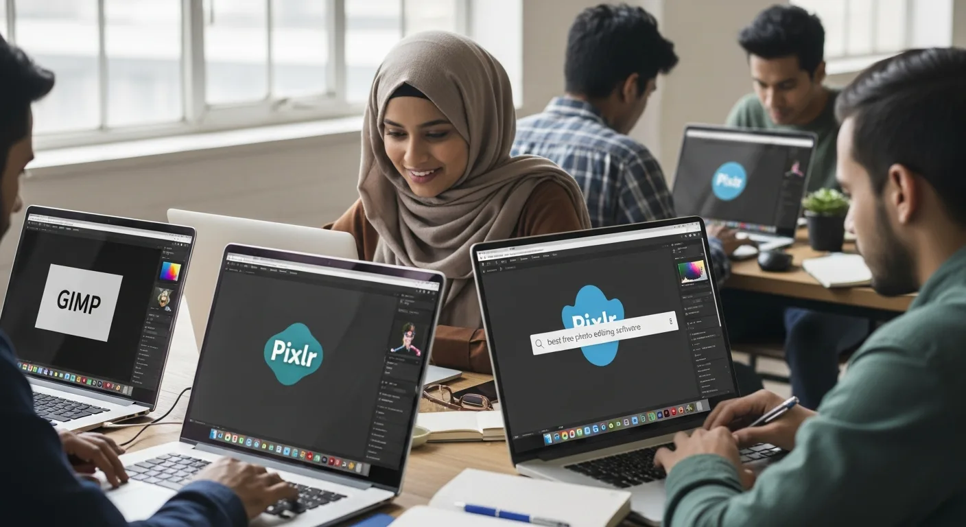 Young professionals using laptops to explore the best free photo editing software like GIMP and Pixlr.