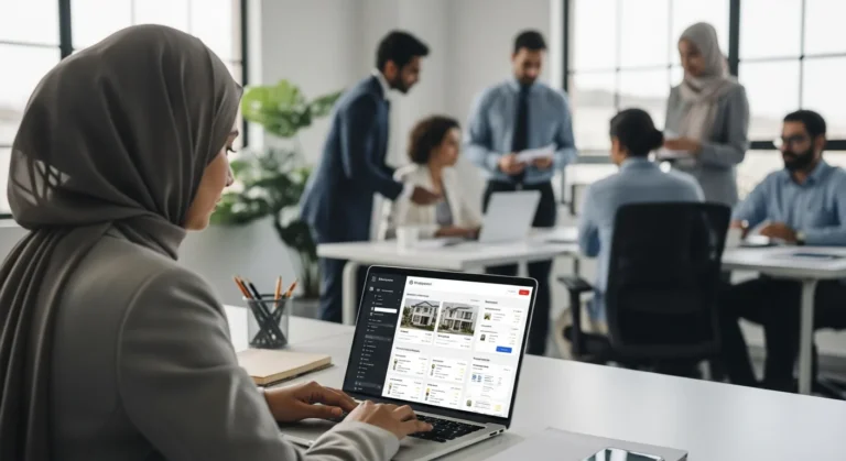 A professional woman using the best property management software on her laptop in a modern office environment.