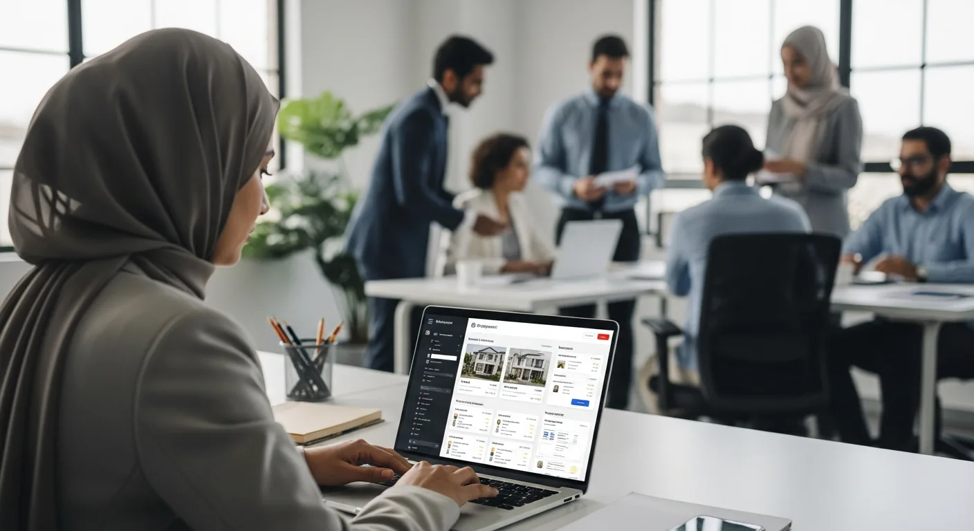 A professional woman using the best property management software on her laptop in a modern office environment.
