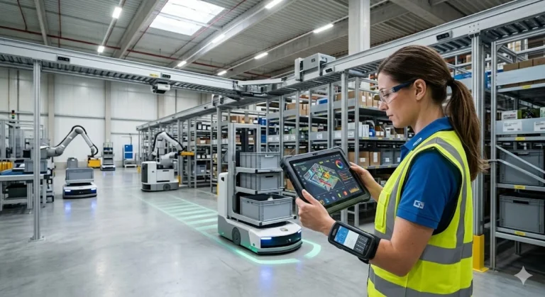 A warehouse worker in a high-visibility vest uses a rugged tablet to monitor and control automated robots in a modern distribution center, viewing an advanced dashboard interface of the best warehouse management software.