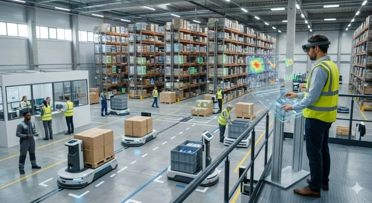 A detailed photograph of a professional logistics manager at a central control console, using a sophisticated multi-screen interface that displays real-time 3D warehouse maps, predictive metrics, and fleet status for the best WMS software.