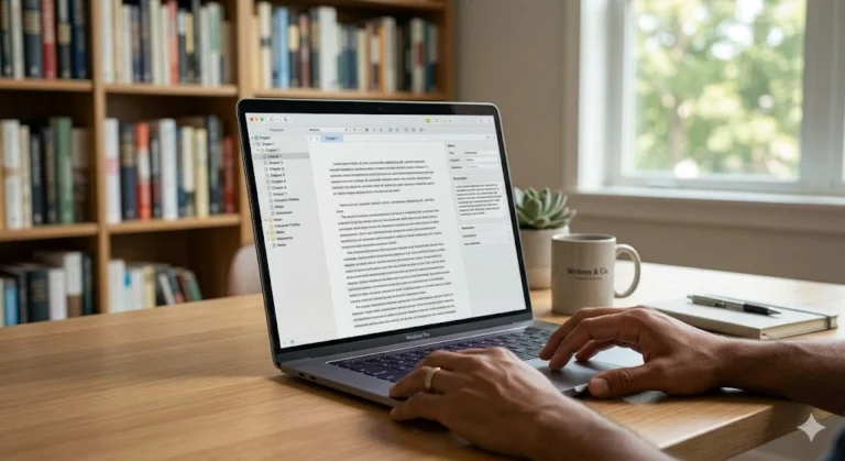 Hands typing a manuscript on a laptop with book writing software open in a cozy home library with bookshelves.