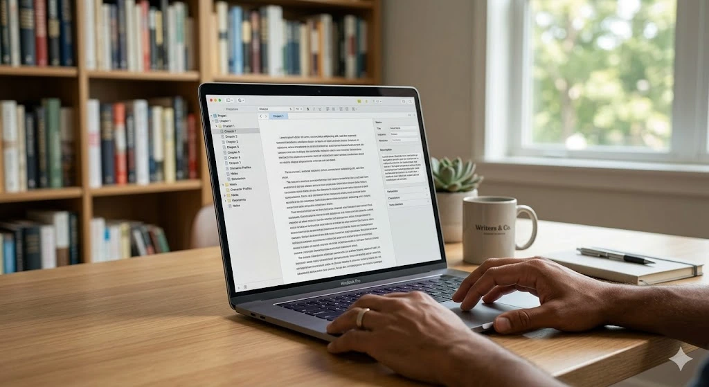 Hands typing a manuscript on a laptop with book writing software open in a cozy home library with bookshelves.