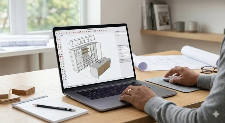 Professional using cabinet design software on a laptop to render a 3D kitchen cabinet and island model.