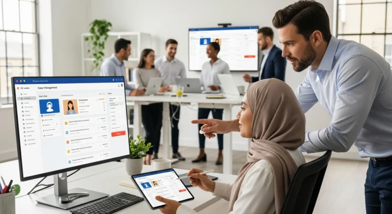 Professionals using case management software on a computer and tablet in a modern, collaborative office setting.