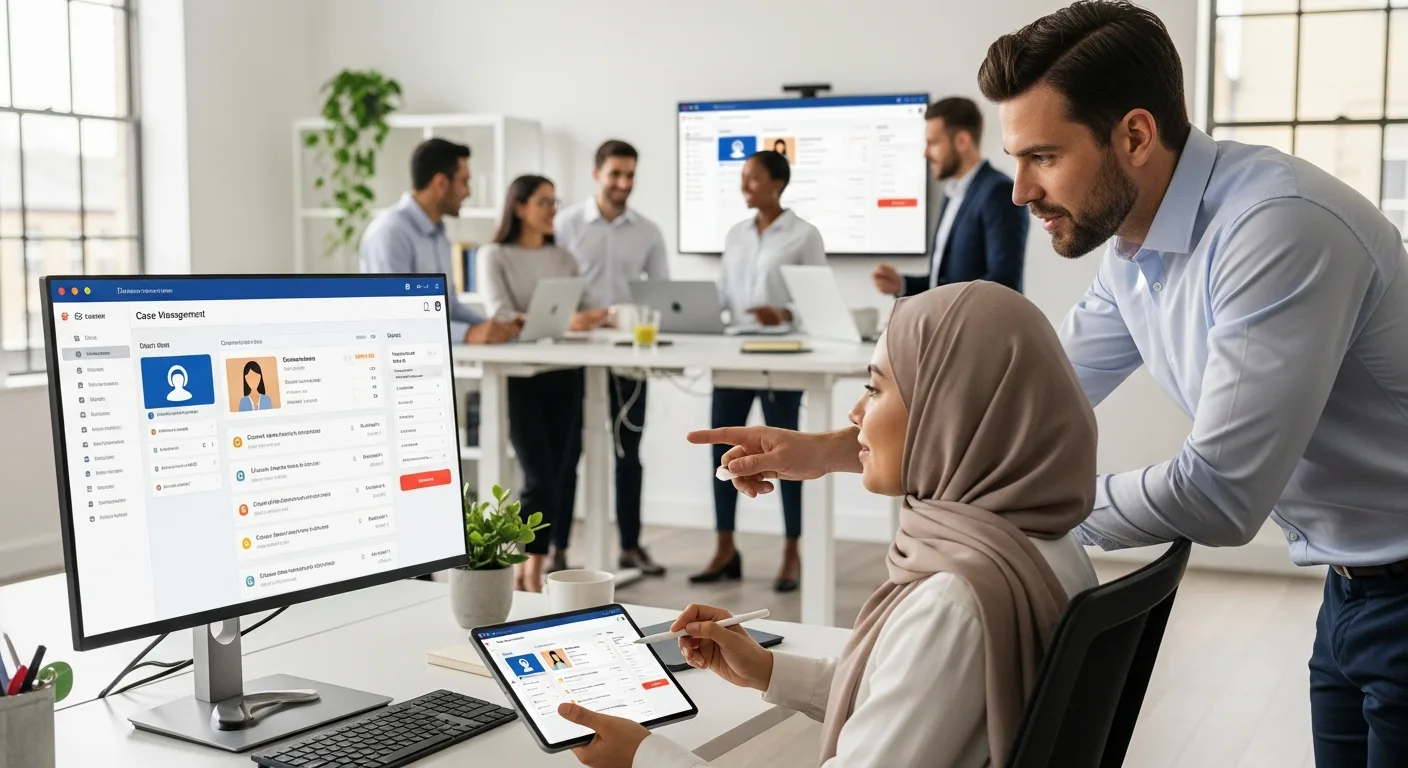 Professionals using case management software on a computer and tablet in a modern, collaborative office setting.