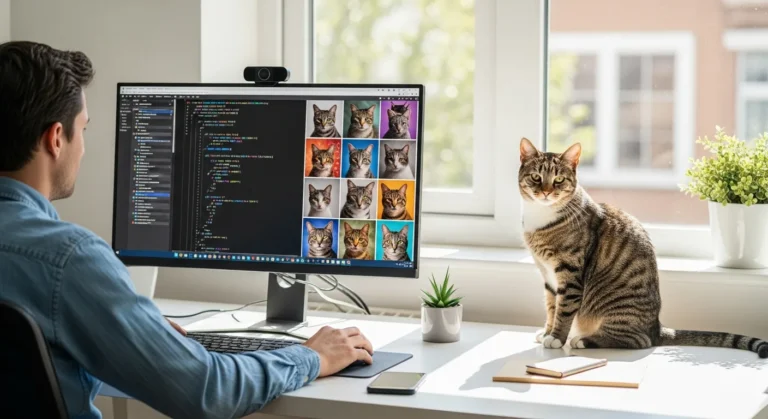 A web developer integrating a cat api into a modern website displayed on a dual-monitor setup.
