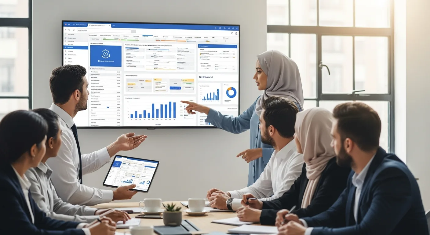 Professionals in a meeting reviewing change management software dashboards on a large screen and tablet.
