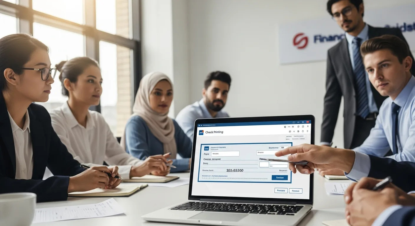 A professional business team reviews an interface for check printing software on a laptop in an office.