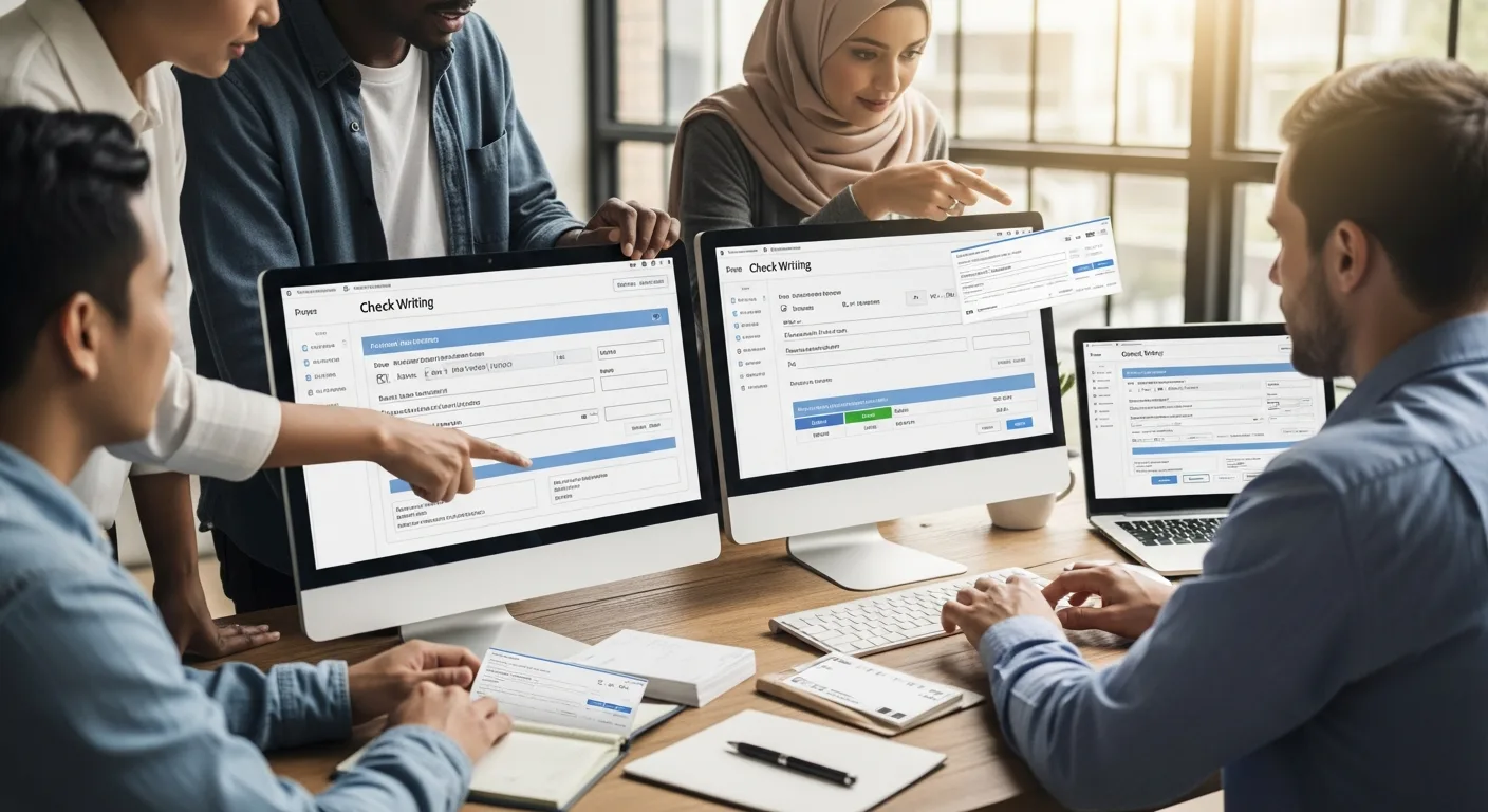 A team of diverse professionals collaborating while using check writing software on multiple computer monitors.