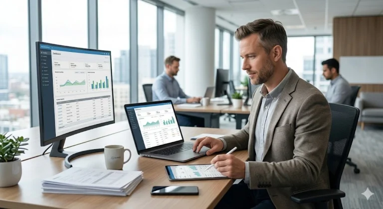 Professional male using cloud accounting software for small business on multiple screens in a modern office.