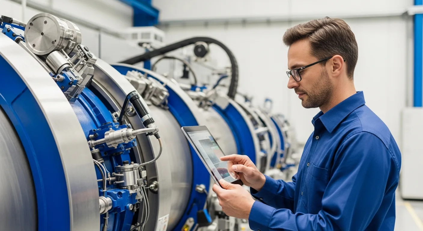Maintenance manager using digital cmms softwares on a tablet to monitor industrial machinery health.