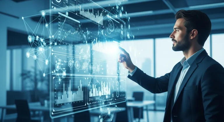 A businessman analyzing real-time data visualizations powered by a secure company api for business intelligence.