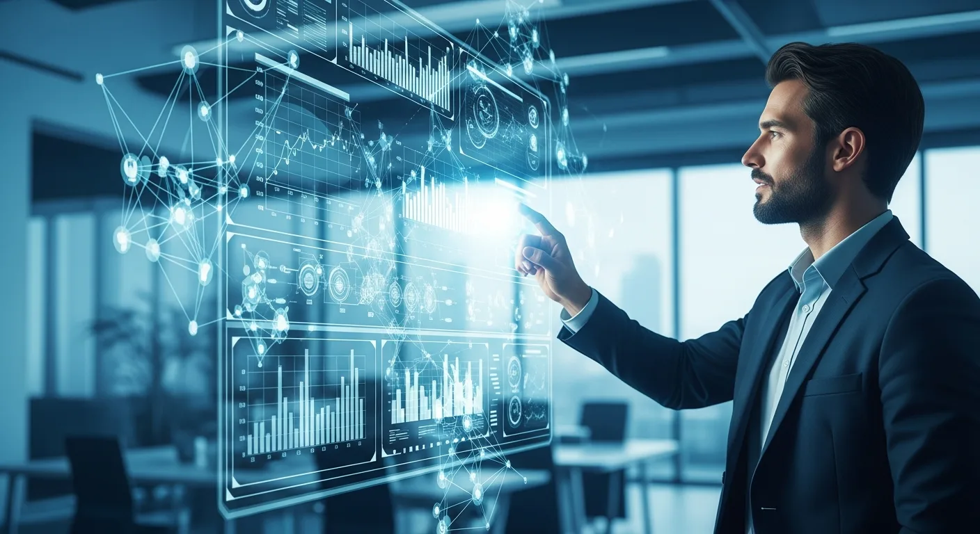 A businessman analyzing real-time data visualizations powered by a secure company api for business intelligence.