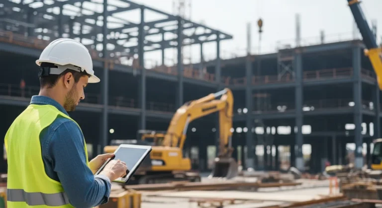A construction professional using a contractor CRM on a tablet to manage a large-scale building project.