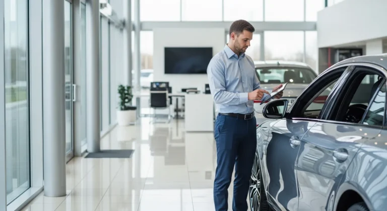 A professional man at a modern car dealership utilizing crm in automotive software on a tablet.