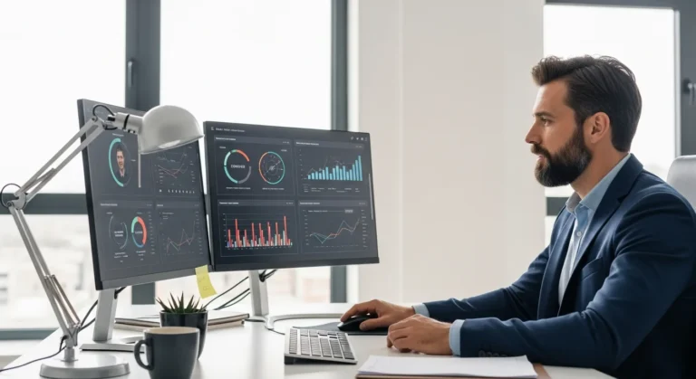 A professional man analyzing data dashboards to showcase essential crm skills in a modern business environment.