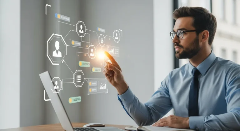 A professional man monitoring a digital dashboard showing crm supply chain data for business efficiency.