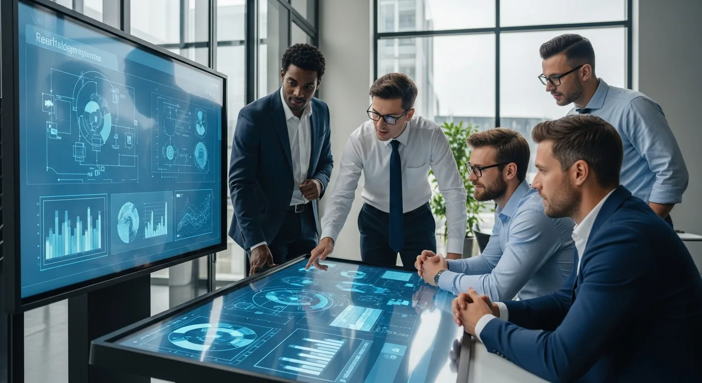 Enterprise professionals reviewing custom software development solutions on a high-tech digital interface.