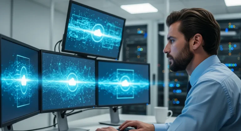 An IT professional comparing enterprise-grade data migration software solutions on a modern workstation.