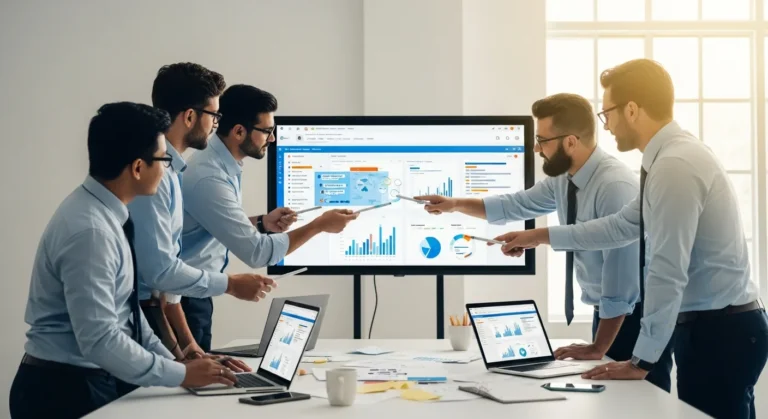Professional team of men collaborating using digital workplace software to increase productivity in a modern office.