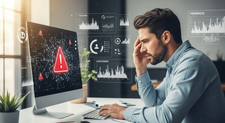A man diagnosing e-commerce data api connection errors customer review insights on a dual-monitor setup.