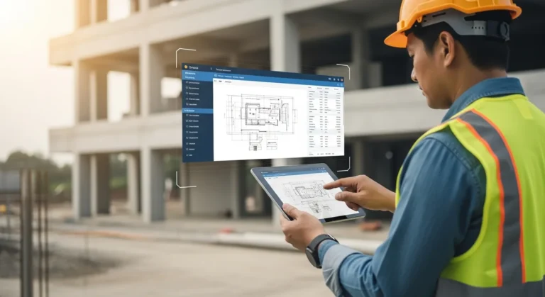 A professional contractor using electrical estimating software on a tablet to analyze project costs and profitability.
