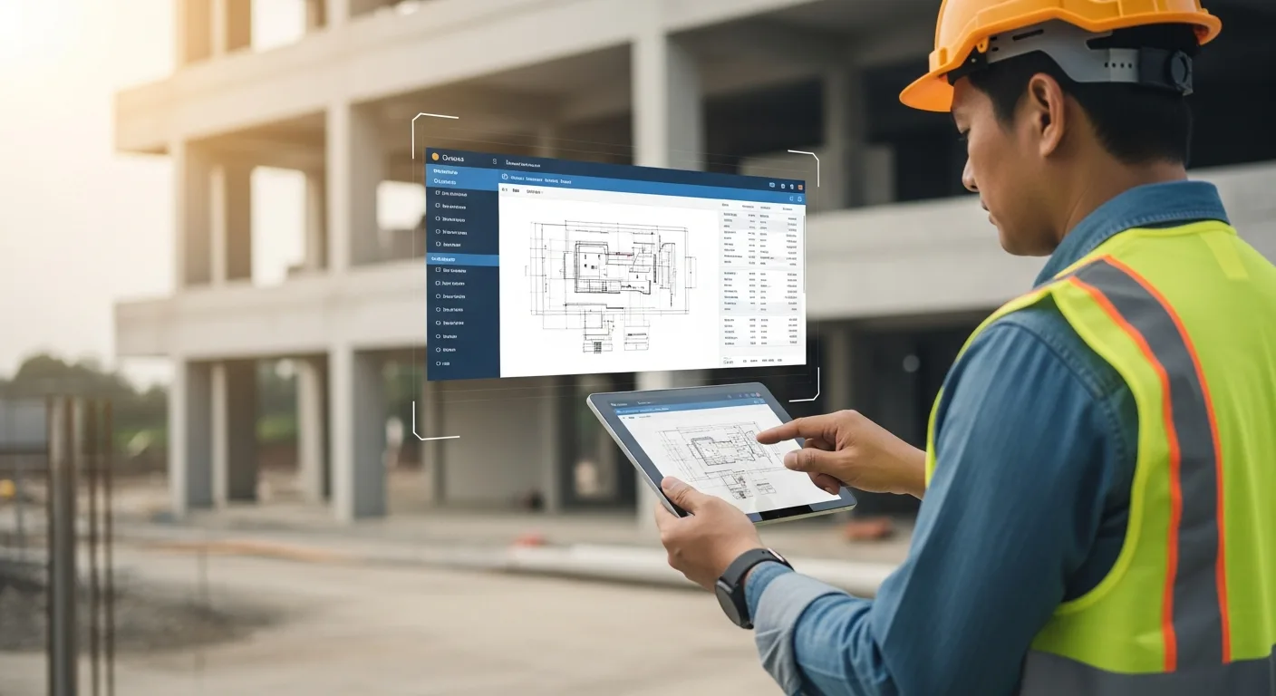 A professional contractor using electrical estimating software on a tablet to analyze project costs and profitability.