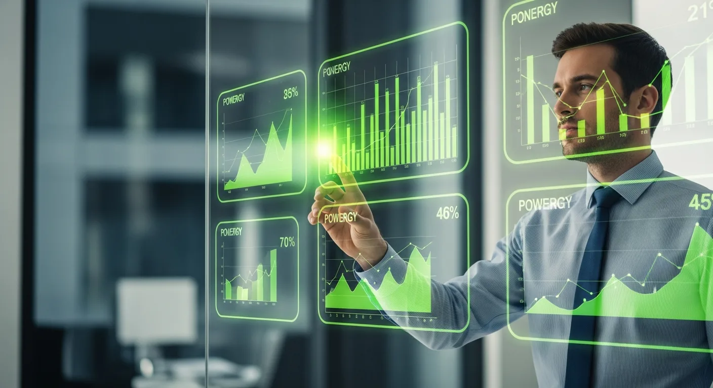 A man in a modern office reviewing real-time data on energy management software to optimize business costs.