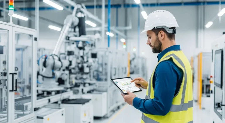 A professional using equipment management software on a tablet to monitor industrial machinery in a modern factory.