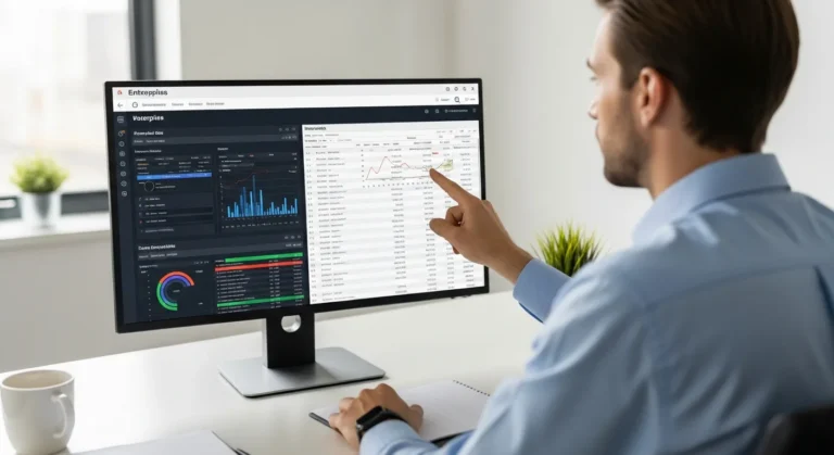 A professional man comparing the features of erp and accounting software on a digital tablet in a modern office.