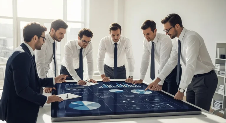 A professional team reviewing data on an erp for professional services dashboard in a modern office setting.