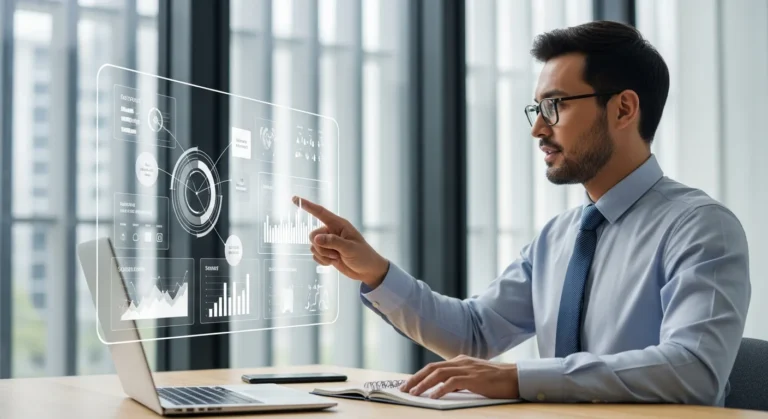 Professional man analyzing seamless erp integrations on a high-tech dashboard to improve business efficiency.