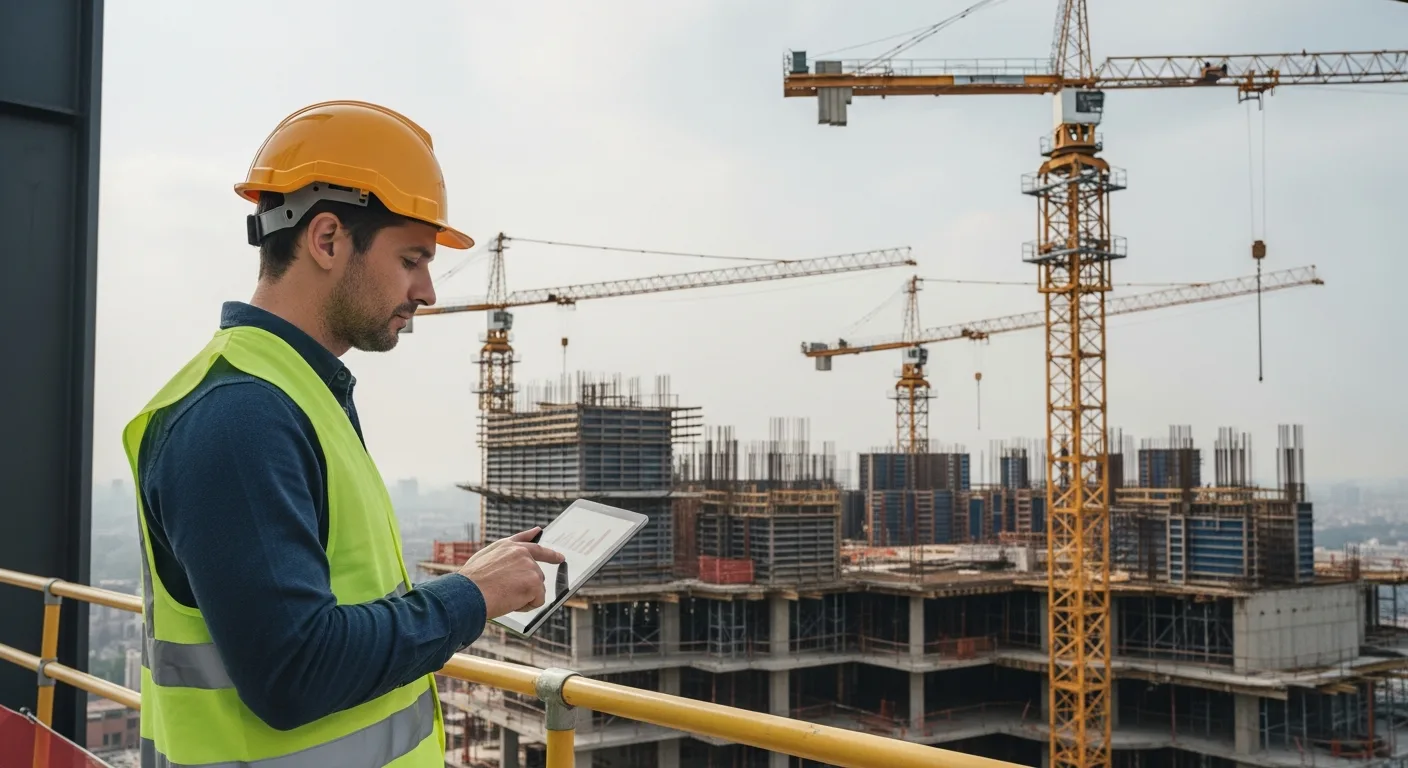 Construction manager reviewing erp software for construction industry data on a tablet at a busy building site.