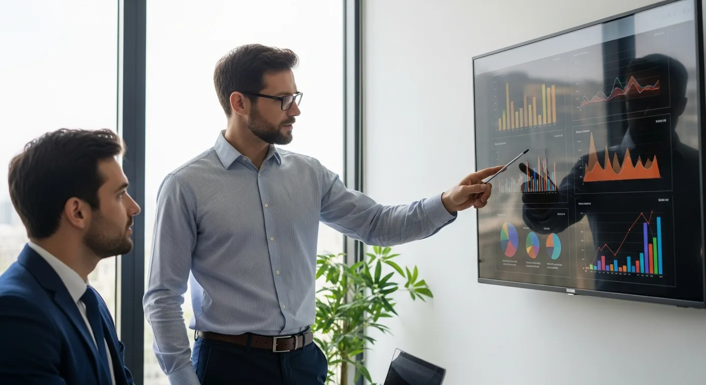 Professional ERP specialist analyzing complex data on a digital dashboard to streamline business operations.