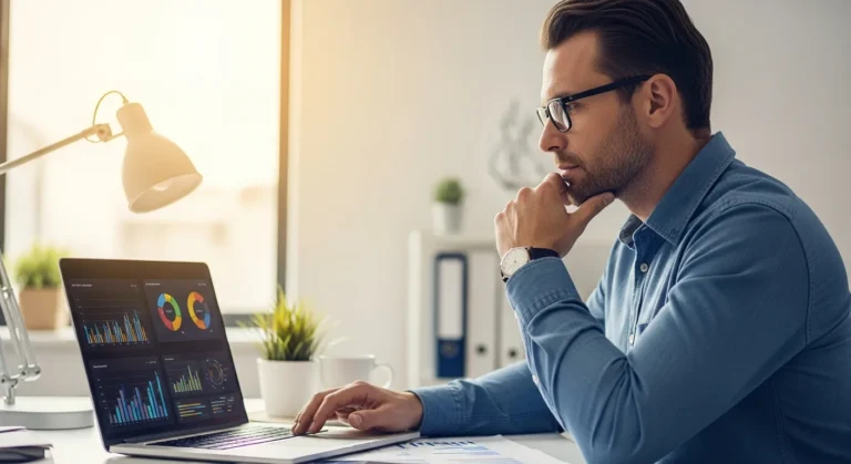 A business owner reviewing data analytics on a laptop using an erp system for small business.